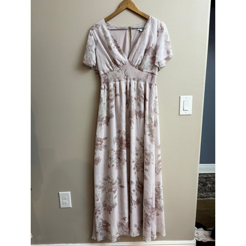 Baltic Born Alexandria Mauve Floral Maxi Dress V-Neck Flutter Sleeve Smocked L